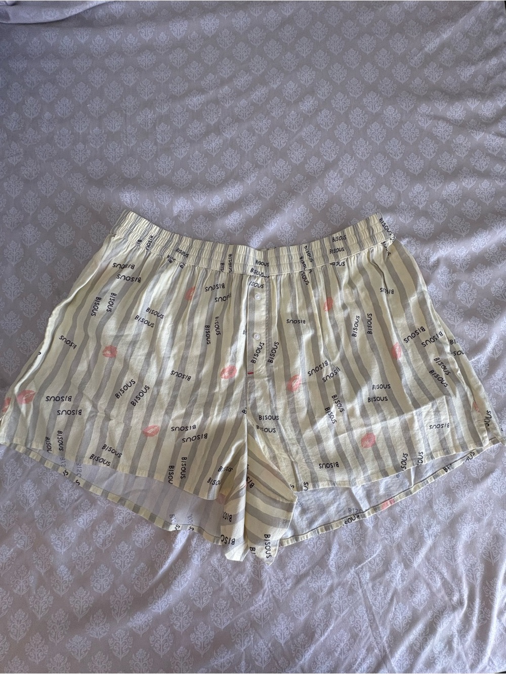 aerie Yellow and Gray Striped Satin Lounge Shorts with Pink Lip Print